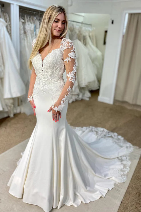 Luolandi V-Neck Mermaid Long Wedding Dress with Lace Long Sleeve Open Back Beautiful